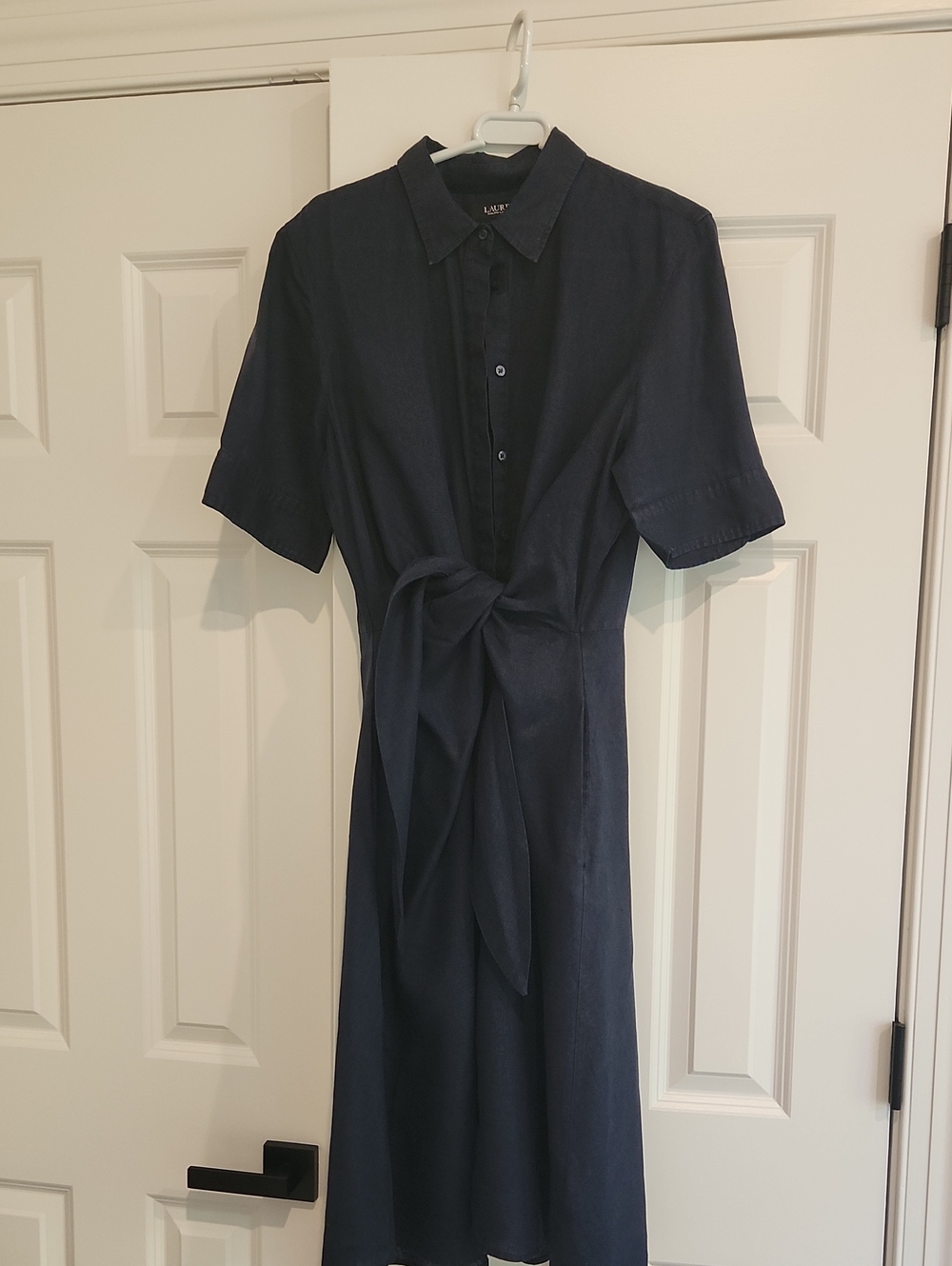 Ralph Lauren Navy Button-Front Midi Shirt Dress with Waist Tie